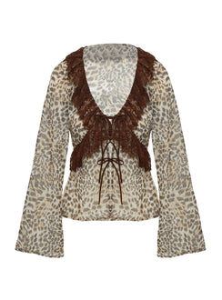 side view of model wearing Princess Polly Domanic Frill Top Leopard Full Sleeves Plunger 