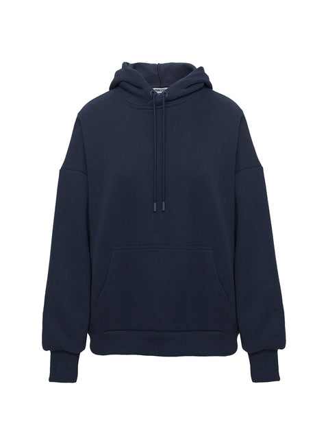 back view of model wearing Princess Polly Dream Fleece Classic Hoodie Navy Longline Jumpers Jumpers 