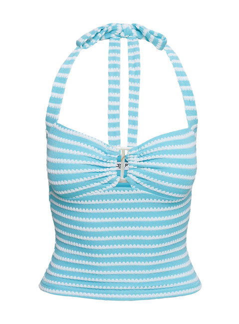 side view of model wearing Princess Polly Dreaming Of Me Top Blue Stripe Sleeveless Sweetheart 