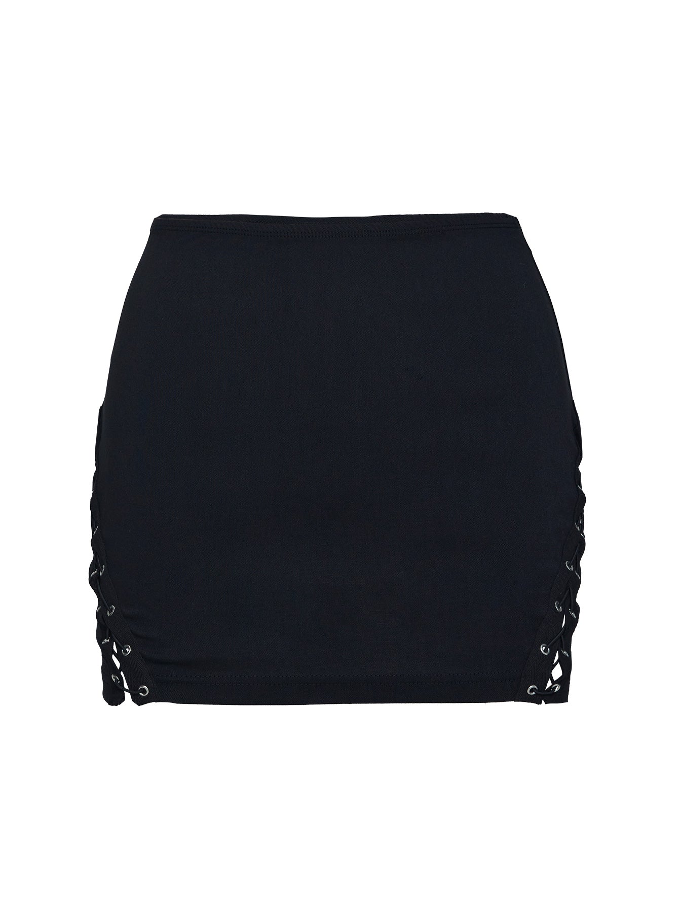 back view of model wearing Princess Polly Dupont Mini Skirt Black Mini Skirts 