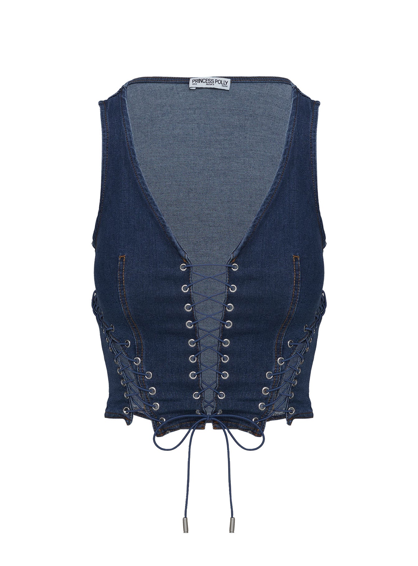 side view of model wearing Princess Polly Edenette Top Mid Blue Wash Sleeveless Plunger 