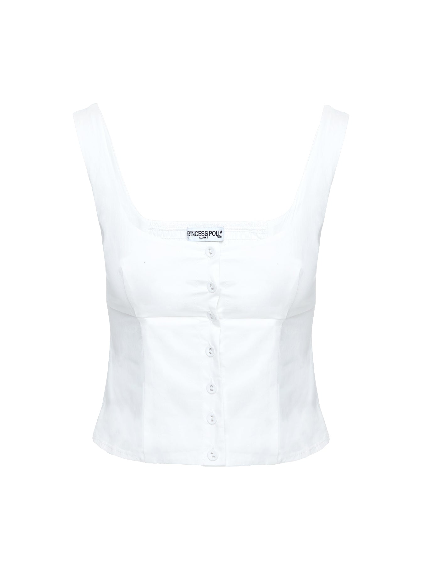 back view of model wearing Princess Polly Effortless Top White Sleeveless Scoop Neck 