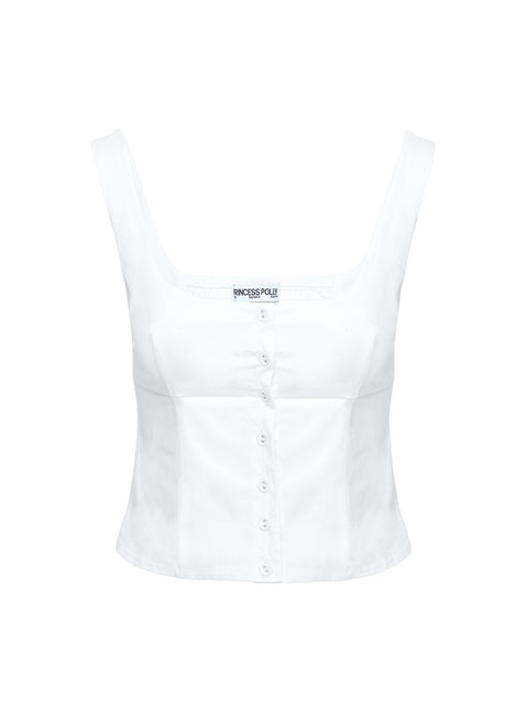 back view of model wearing Princess Polly Effortless Top White Sleeveless Scoop Neck 
