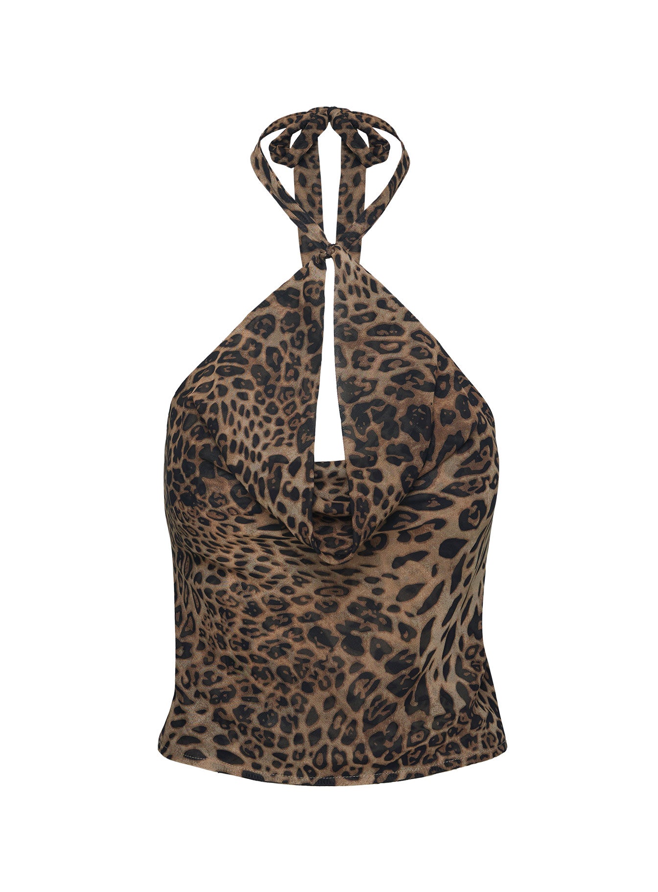 back view of model wearing Princess Polly Eleganza Top Leopard Sleeveless High Neck 