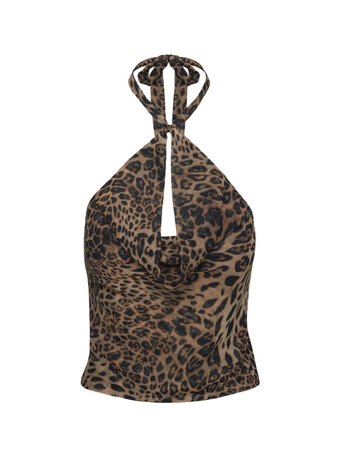 back view of model wearing Princess Polly Eleganza Top Leopard Sleeveless High Neck 