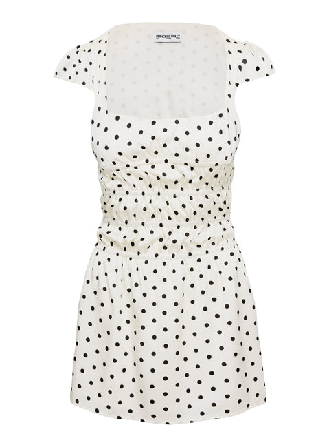 back view of model wearing Princess Polly Evangelie Ruched Mini Dress White Polka Square Neck 