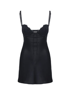 side view of model wearing Princess Polly Fadyen Mini Dress Black Sweetheart Neckline 