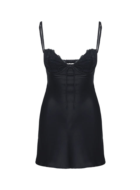 side view of model wearing Princess Polly Fadyen Mini Dress Black Sweetheart Neckline 