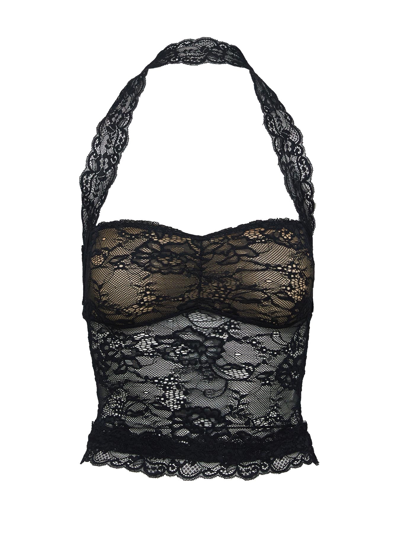 back view of model wearing Princess Polly Fantasize Lace Halter Top Black Petite Sleeveless Sweetheart 