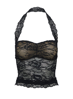 back view of model wearing Princess Polly Fantasize Lace Halter Top Black Petite Sleeveless Sweetheart 