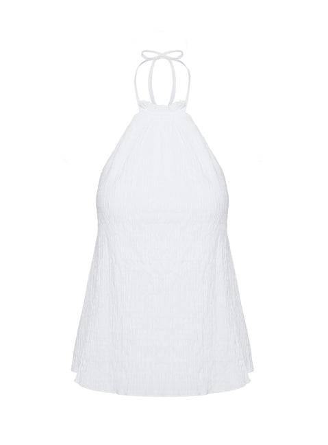 side view of model wearing Princess Polly Flutter Halter Top White Sleeveless High Neck 