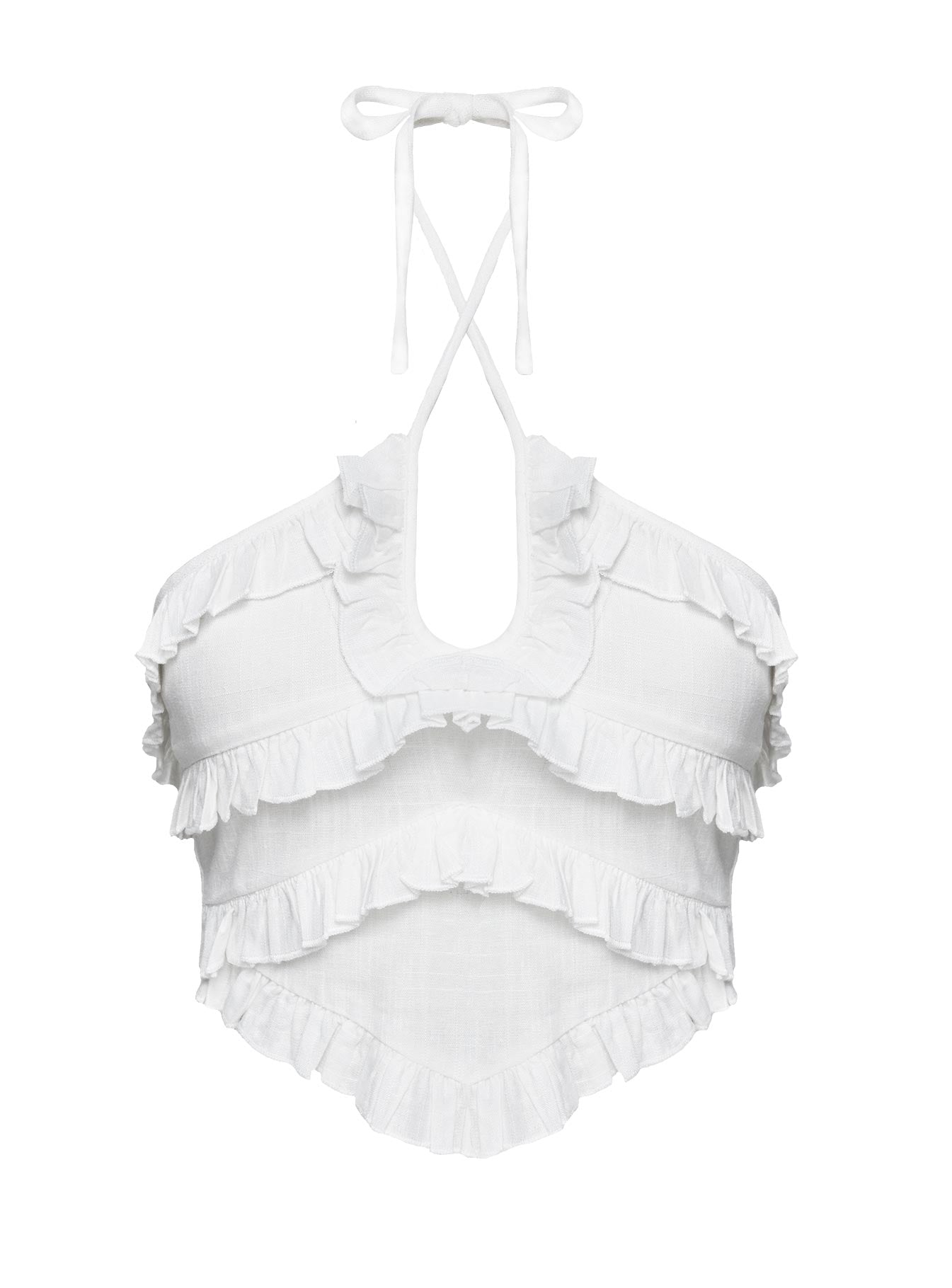 side view of model wearing Princess Polly Francesco Frill Halter Top White Sleeveless Plunger 