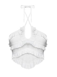 side view of model wearing Princess Polly Francesco Frill Halter Top White Sleeveless Plunger 