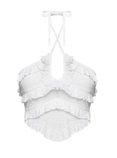 side view of model wearing Princess Polly Francesco Frill Halter Top White Sleeveless Plunger 