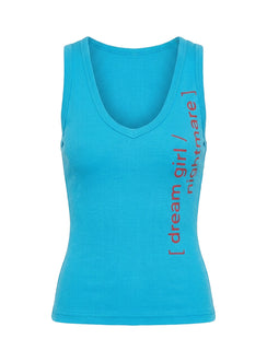 Dreamgirl Nightmare Graphic V Neck Tank Blue