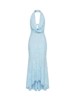 Invisible String Cowl Plunge Backless Maxi Dress Light Blue