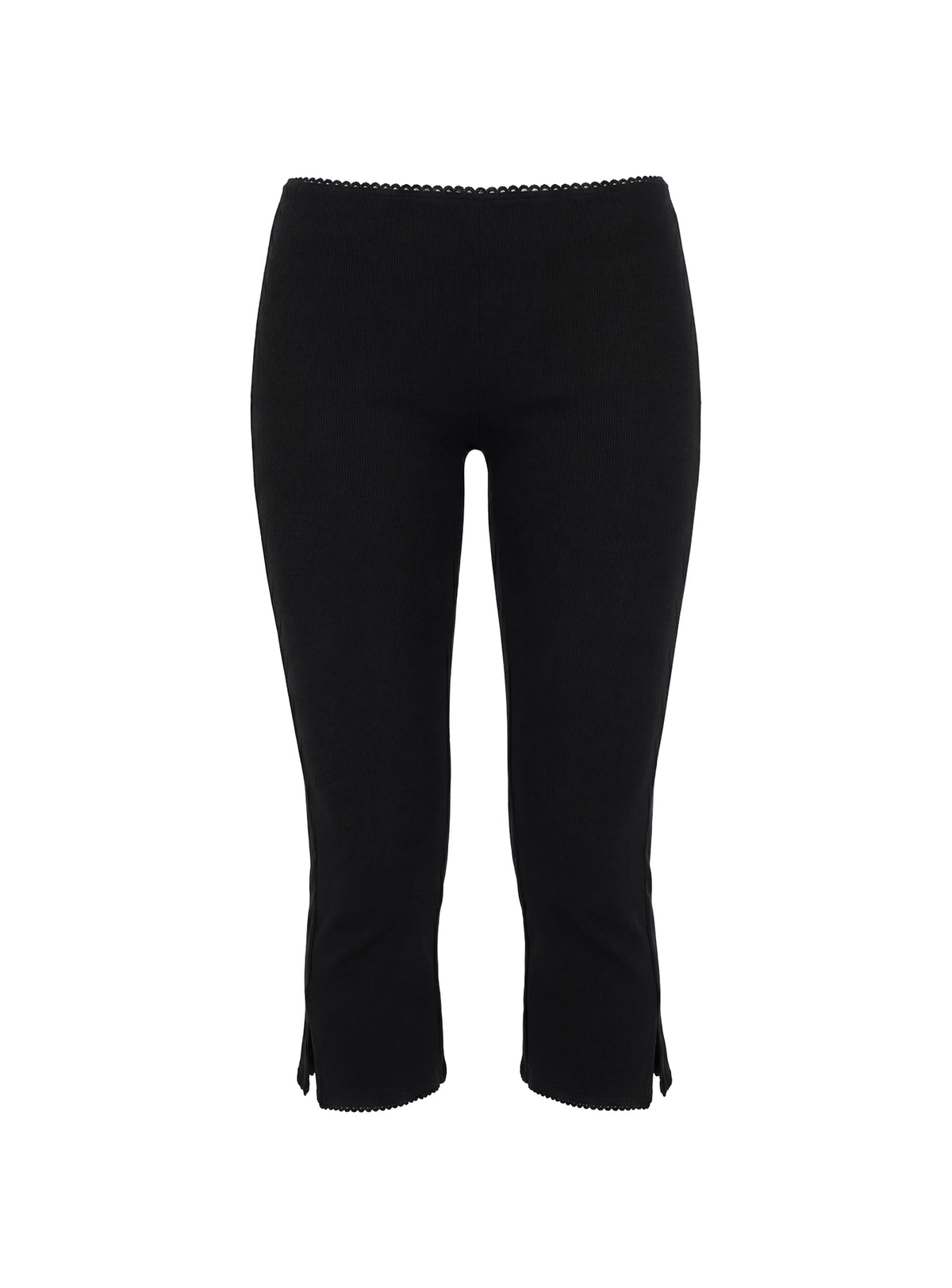 side view of model wearing Princess Polly Baseline Rib Capri Pants Black Tall Mid Rise Pants 