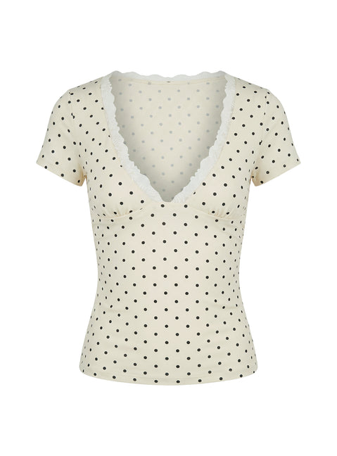 Amia Lace V Neck Top Cream Polka Dot