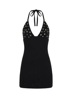 Chyna Halter Button Mini Dress Black