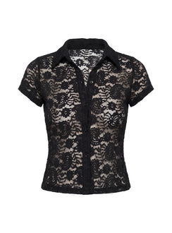 Daveney Lace Short Sleeve Collared Top Black