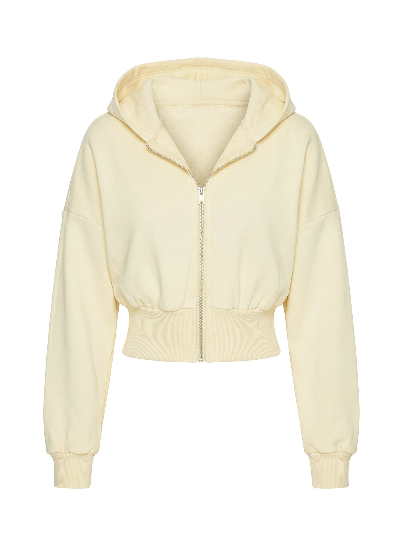 back view of model wearing Princess Polly Daytime Cropped Blouson Hoodie Buttercream Cropped Jumpers 