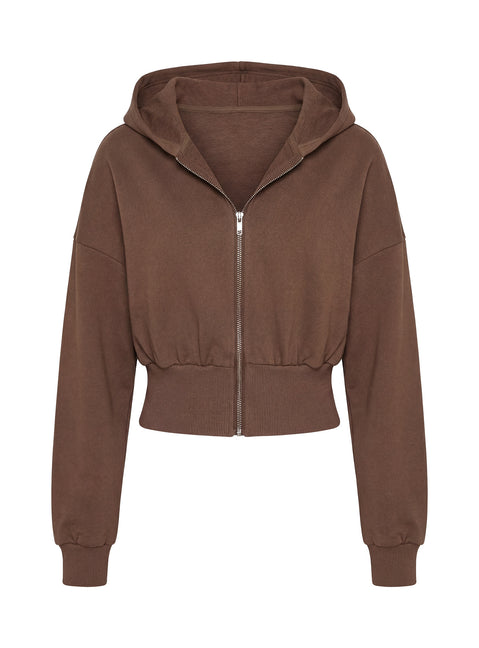 back view of model wearing Princess Polly Daytime Cropped Blouson Hoodie Cocoa 