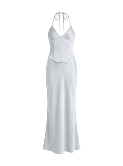 Devotedness Satin Corset Maxi Dress Silver