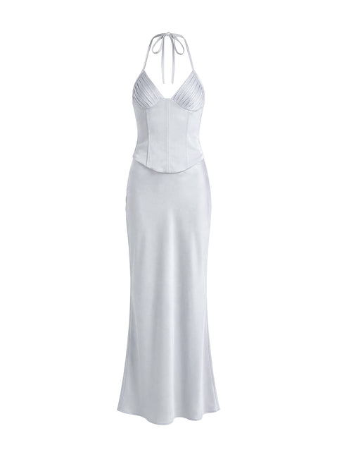 Devotedness Satin Corset Maxi Dress Silver