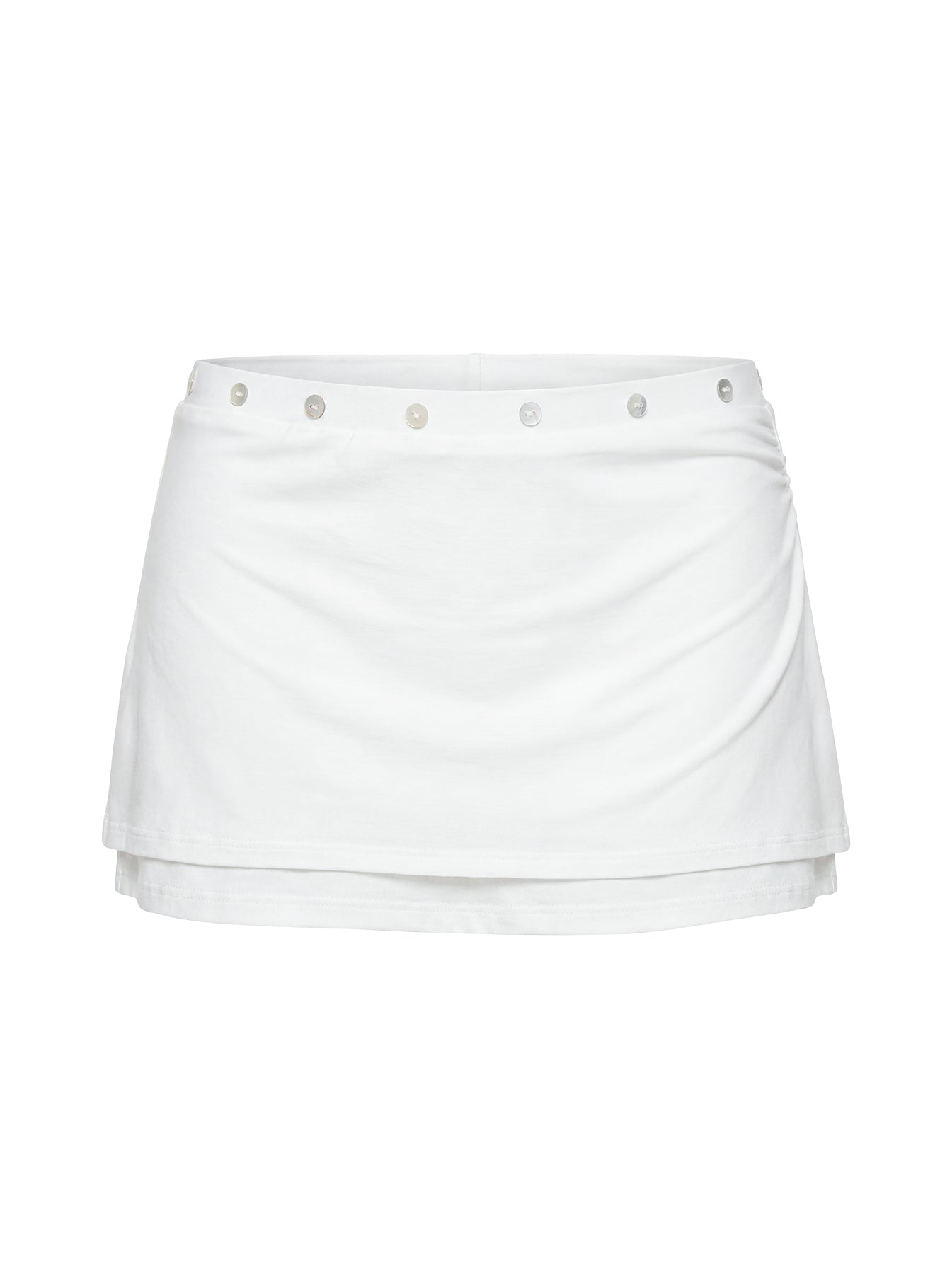 Highlighting the Esperia Button Layered Mini Skirt White in womens-skirts with mini length detail Princess Polly