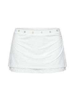 Highlighting the Esperia Button Layered Mini Skirt White in womens-skirts with mini length detail Princess Polly