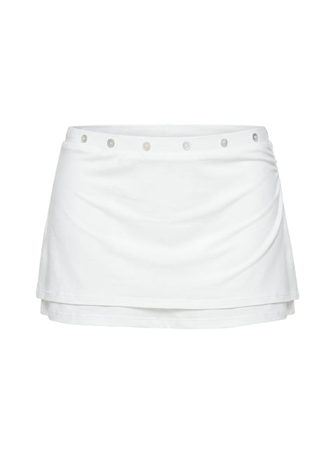 Highlighting the Esperia Button Layered Mini Skirt White in womens-skirts with mini length detail Princess Polly