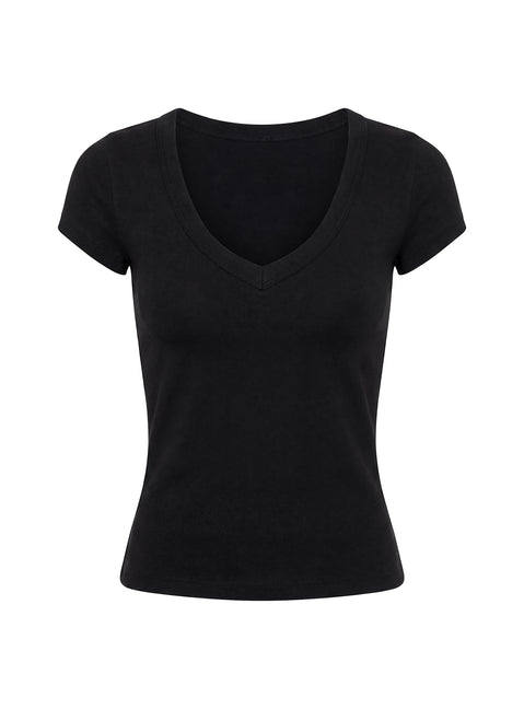 Daily Define Deep V Short Sleeve Top Black
