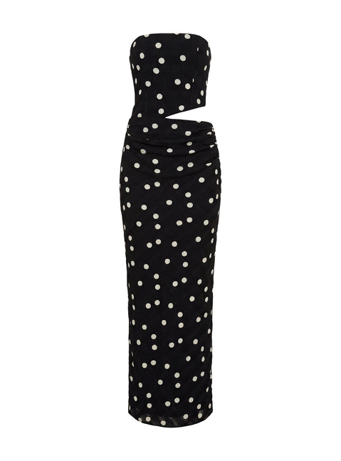 Jasira Strapless Drape Maxi Dress Black Polka Dot