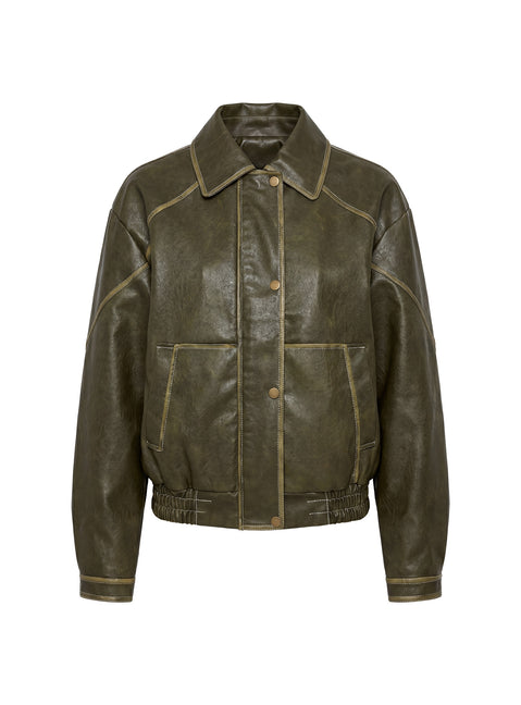 Jaxton Faux Leather Bomber Jacket Olive