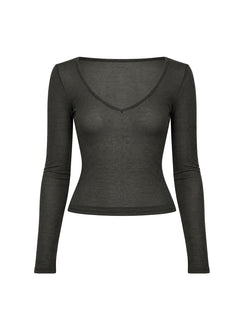 Kaiyah Sheer V Neck Long Sleeve Top Slate
