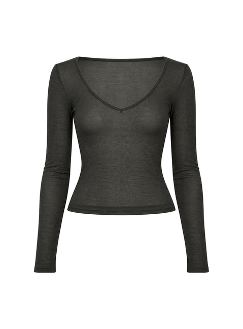 Kaiyah Sheer V Neck Long Sleeve Top Slate