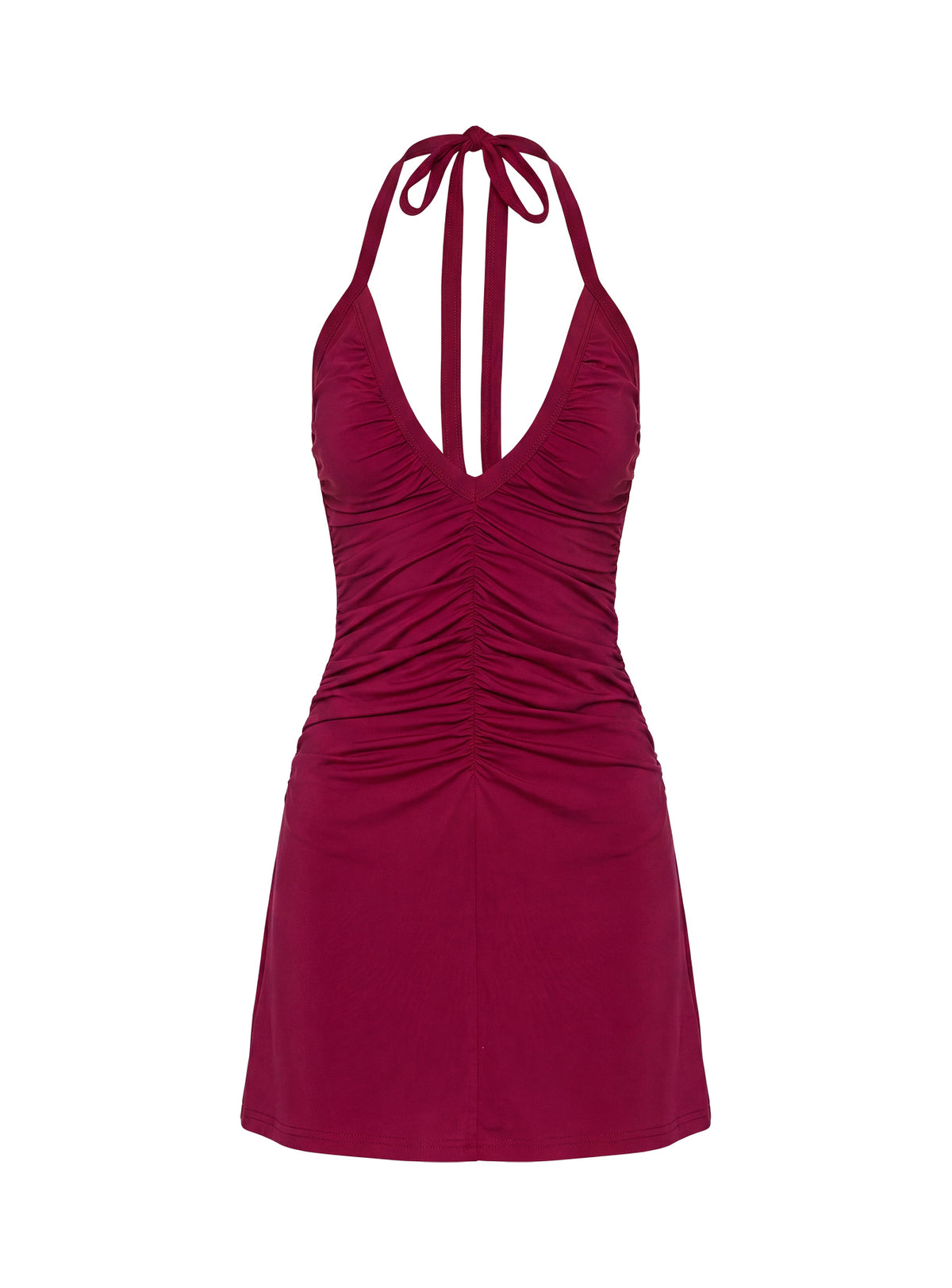 Kearney Ruched Tie Neck Mini Dress Wine