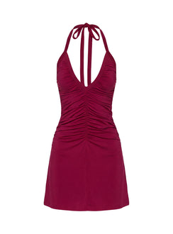 Kearney Ruched Tie Neck Mini Dress Wine