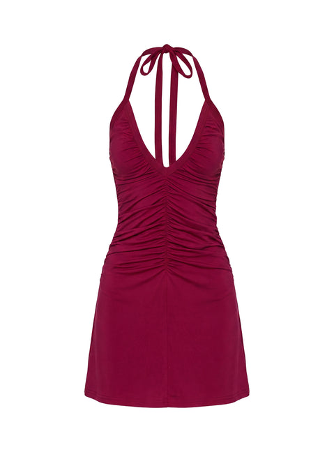 Kearney Ruched Tie Neck Mini Dress Wine