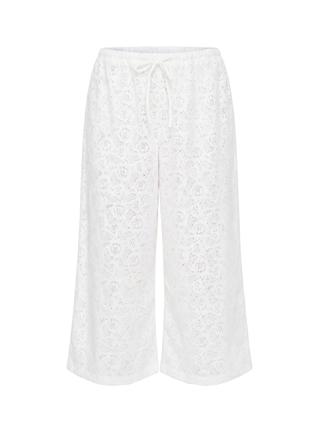 Kiss Me Quick 3/4 Lace Drawstring Pants in White with mid-rise flat lay Princess Polly