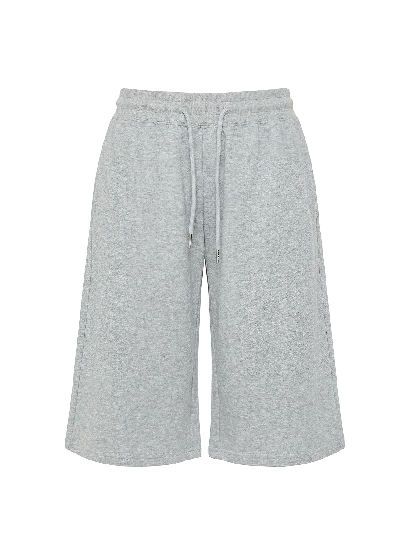 Highlighting the drawstring detail of the Nikko Longline Fleece Shorts Grey Marle in womens regular pants with mid-rise Princess Polly