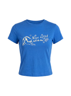 Nine Lives Graphic Baby Tee Cobalt