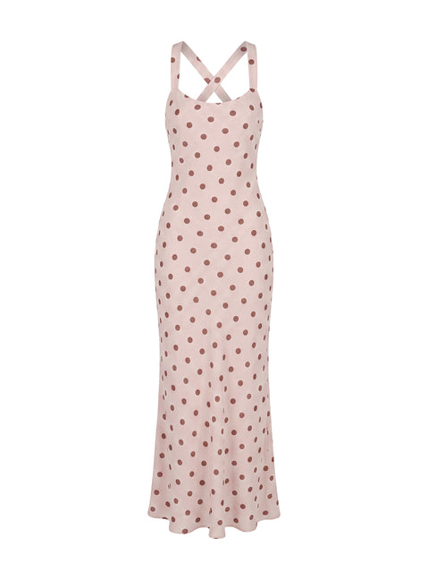 Picante Bias Cross Back Maxi Dress Pink Polka