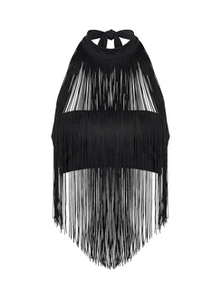 Zephyrine Fringe Asymmetrical Halter Top Black