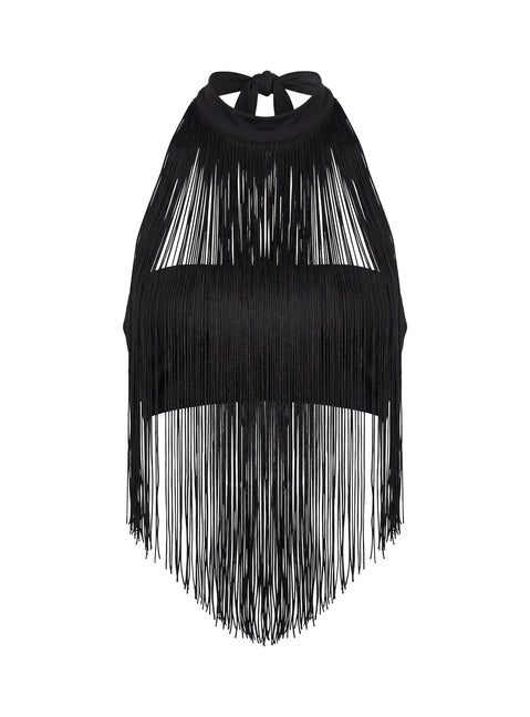 Zephyrine Fringe Asymmetrical Halter Top Black