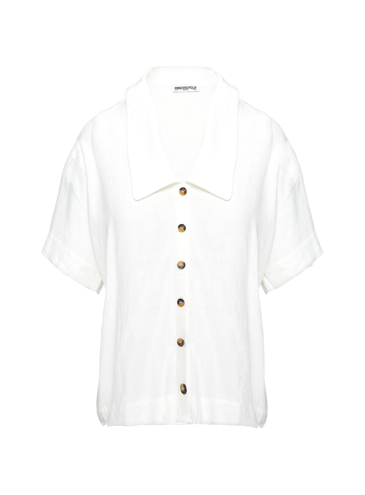 side view of model wearing Princess Polly Goody Linen Button Front Top White Half Sleeves V-Neck 