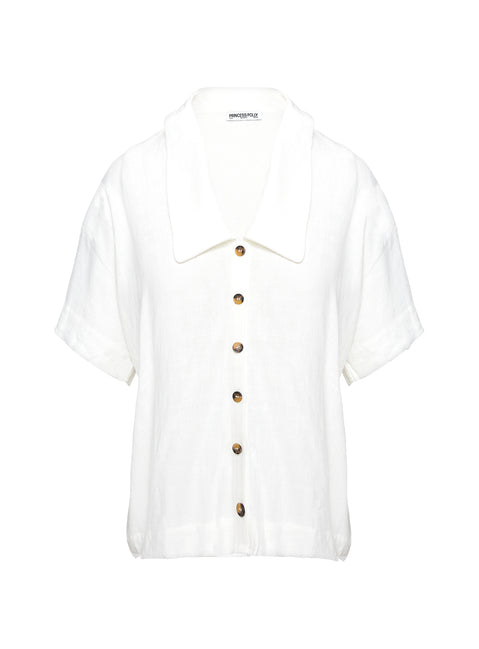 side view of model wearing Princess Polly Goody Linen Button Front Top White Half Sleeves V-Neck 