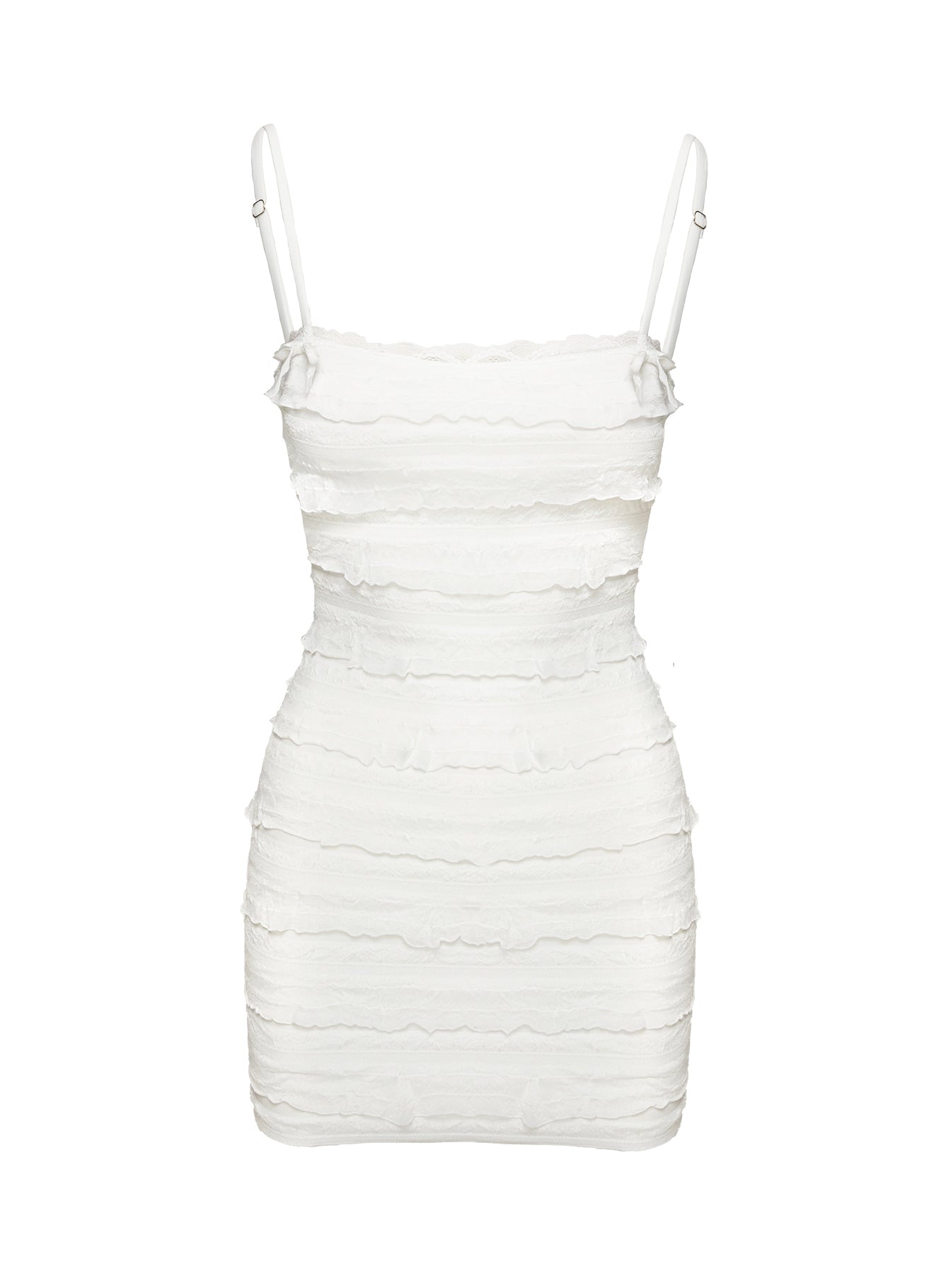 side view of model wearing Princess Polly Gradine Mini Dress White Square Neck 