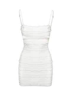 side view of model wearing Princess Polly Gradine Mini Dress White Square Neck 