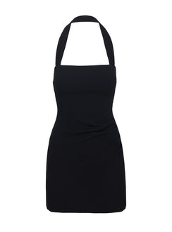 side view of model wearing Princess Polly Haltshell Mini Dress Black Square Neck 